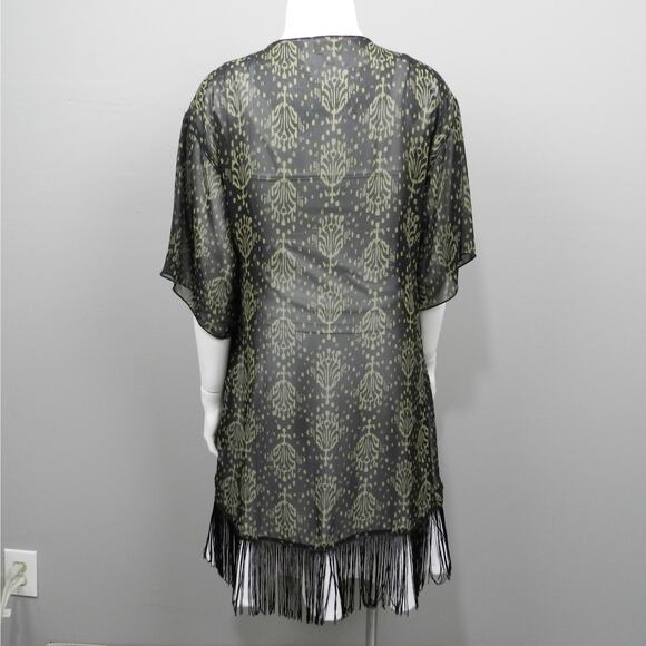 LuLaRoe Monroe Kimono Sheer Fringe Swim Cover Up Size S Black Beige Batik - Picture 6 of 12